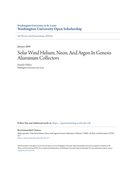 Solar Wind Helium, Neon, and Argon in Genesis Aluminum Collectors Jennifer Mabry Washington University in St