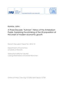 History of the Antebellum Puzzle: Explaining the Shrinking of the US Population at the Onset of Modern Economic Growth