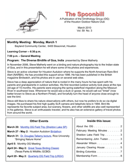 The Spoonbill a Publication of the Ornithology Group (OG) of the Houston Outdoor Nature Club