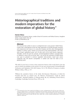 Historiographical Traditions and Modern Imperatives for the Restoration of Global History*