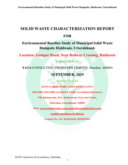 SOLID WASTE CHARACTERIZATION REPORT for Environmental Baseline Study of Municipal Solid Waste Dumpsite Haldwani, Uttarakhand