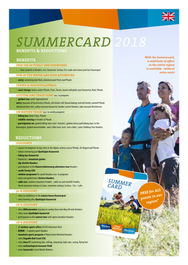 SUMMERCARD 2018 BENEFITS & REDUCTIONS with the Summercard, BENEFITS a Multitude of Offers FREE USE of PUBLIC ÖBB POSTBUSSES in the Entire Region