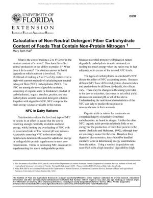 Calculation of Non-Neutral Detergent Fiber Carbohydrate Content of Feeds That Contain Non-Protein Nitrogen 1 Mary Beth Hall2