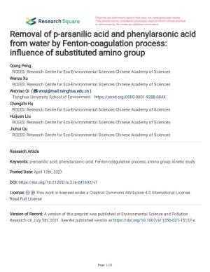 Removal of P-Arsanilic Acid and Phenylarsonic Acid from Water by Fenton-Coagulation Process: Infuence of Substituted Amino Group