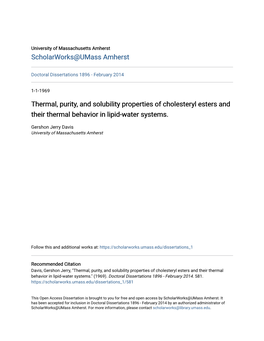 Thermal, Purity, and Solubility Properties of Cholesteryl Esters and Their Thermal Behavior in Lipid-Water Systems