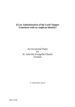 Is Lay Administration of the Lord's Supper Consistent with an Anglican