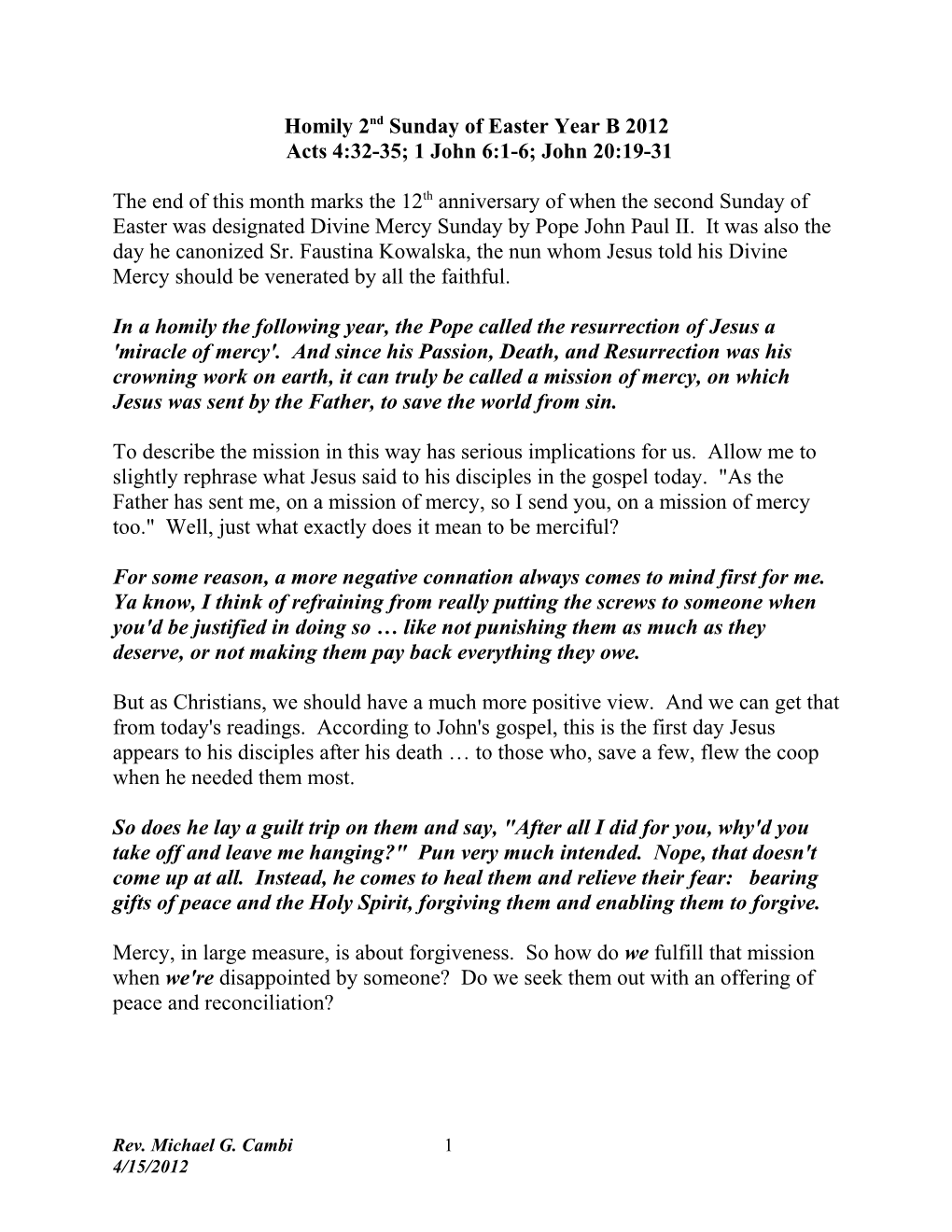 Homily 2Nd Sunday of Easter Year B 2012