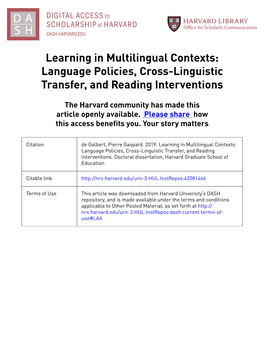 Learning in Multilingual Contexts: Language Policies, Cross-Linguistic Transfer, and Reading Interventions