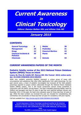 Current Awareness in Clinical Toxicology Editors: Damian Ballam Msc and Allister Vale MD