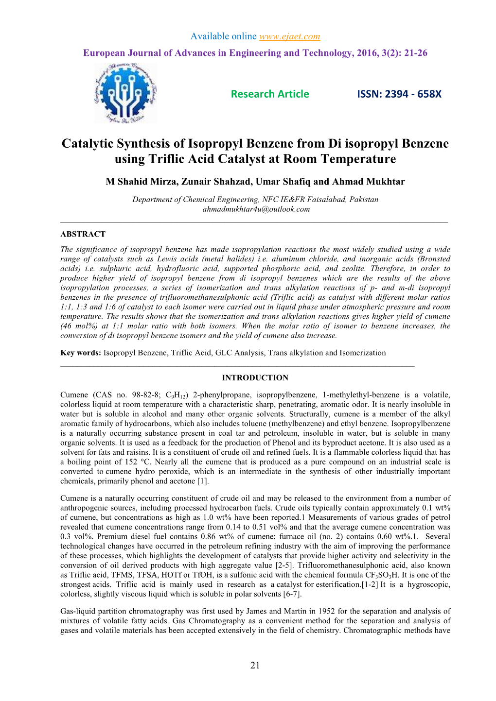 Catalytic Synthesis of Isopropyl Benzene from Di Isopropyl Benzene Using Triflic Acid Catalyst at Room Temperature