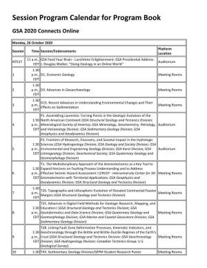 Session Program Calendar for Program Book GSA 2020 Connects Online