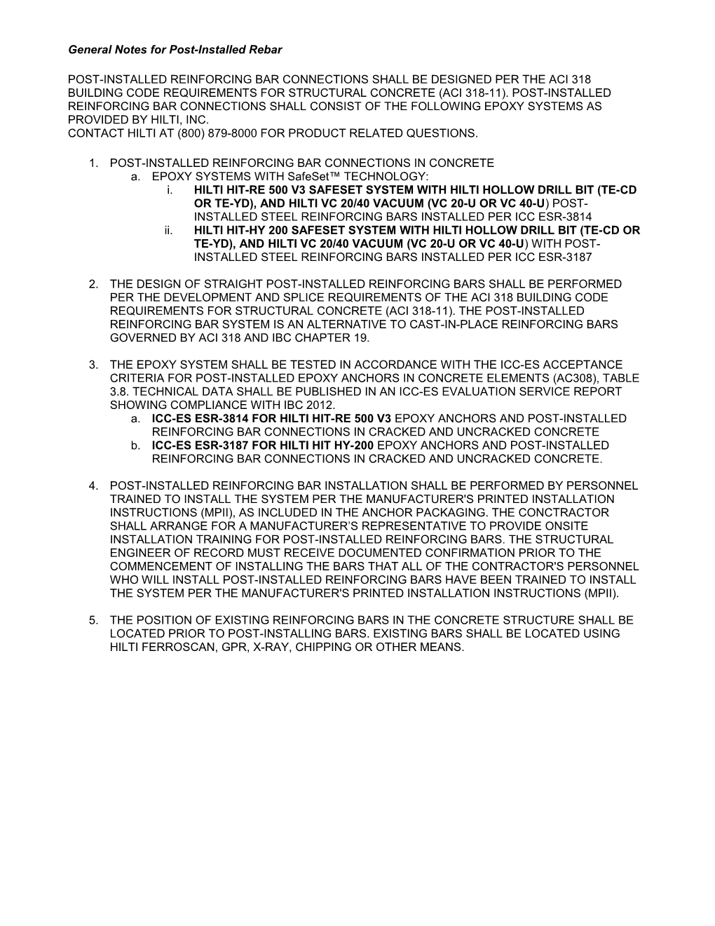 General Notes for Post-Installed Rebar