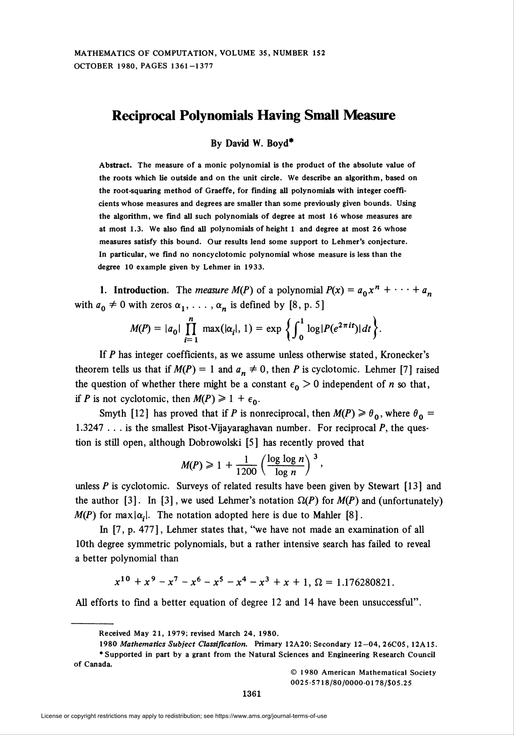 Reciprocal Polynomials Having Small Measure