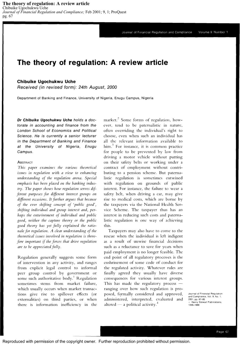 The Theory of Regulation: a Review Article Chibuike Ugochukwu Uche