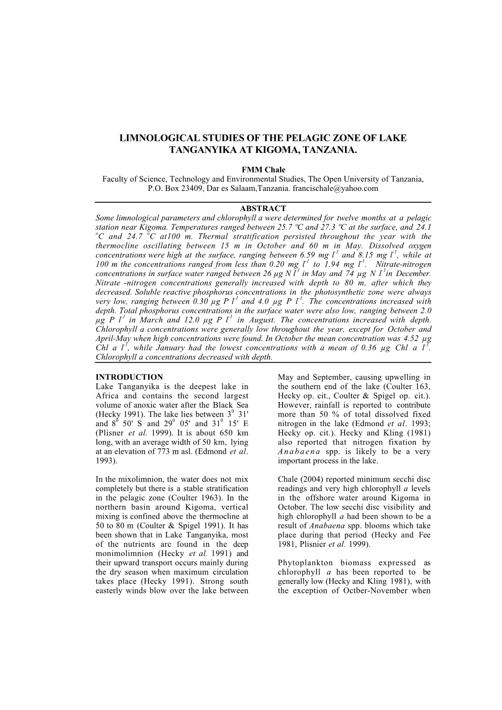 Limnological Studies of the Pelagic Zone of Lake Tanganyika at Kigoma, Tanzania