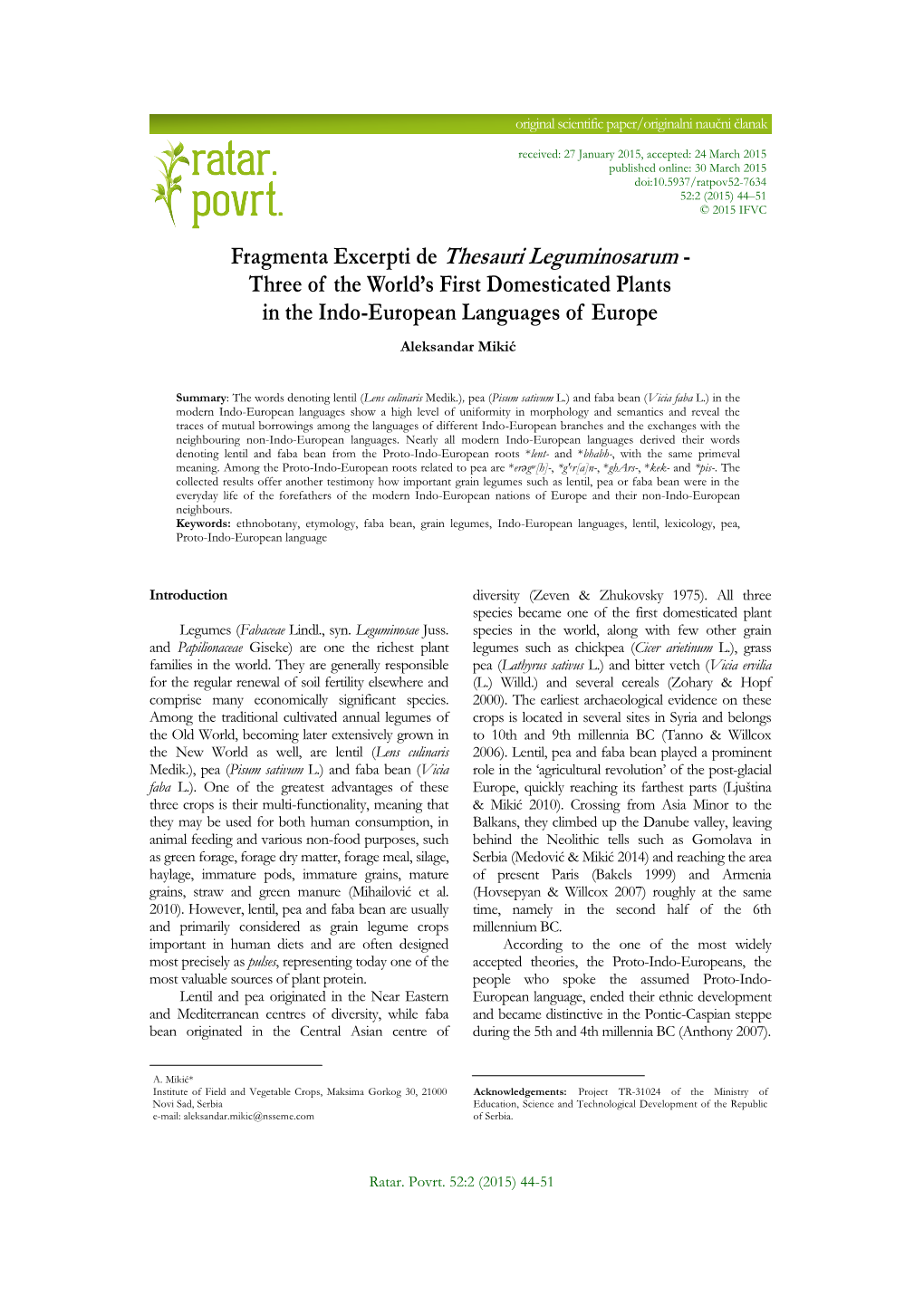 Fragmenta Excerpti De Thesauri Leguminosarum - Three of the World’S First Domesticated Plants in the Indo-European Languages of Europe Aleksandar Mikić