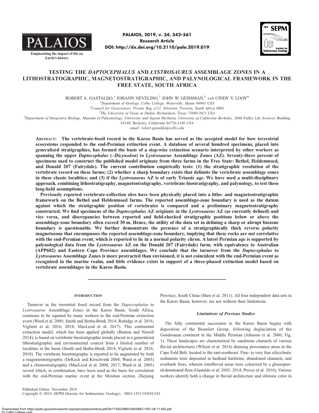 Testing the Daptocephalus and Lystrosaurus Assemblage Zones in a Lithostratographic, Magnetostratigraphic, and Palynological Framework in the Free State, South Africa