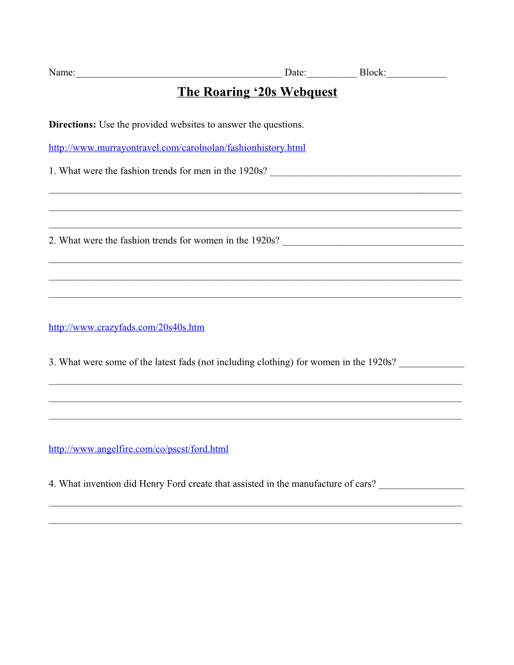 The Roaring 20S Webquest