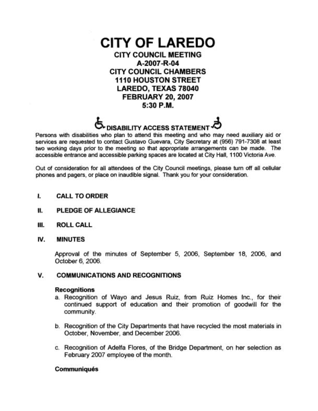 City Council Meetings, Please Turn Off All Cellular Phones and Pagers, Or Place on Inaudible Signal