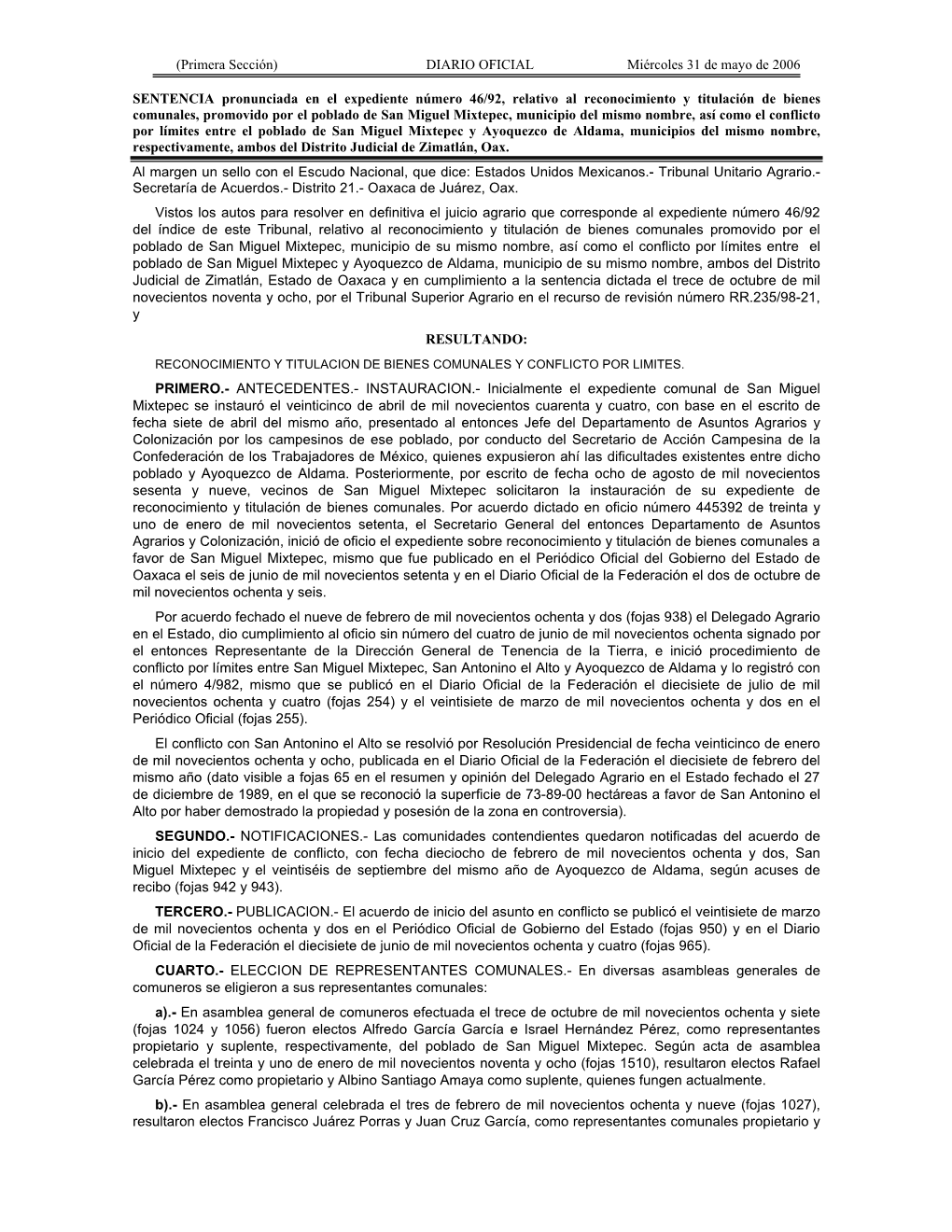 DIARIO OFICIAL Miércoles 31 De Mayo De 2006 SENTENCIA