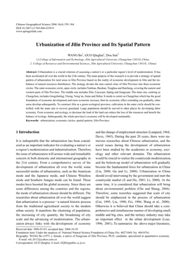 Urbanization of Jilin Province and Its Spatial Pattern
