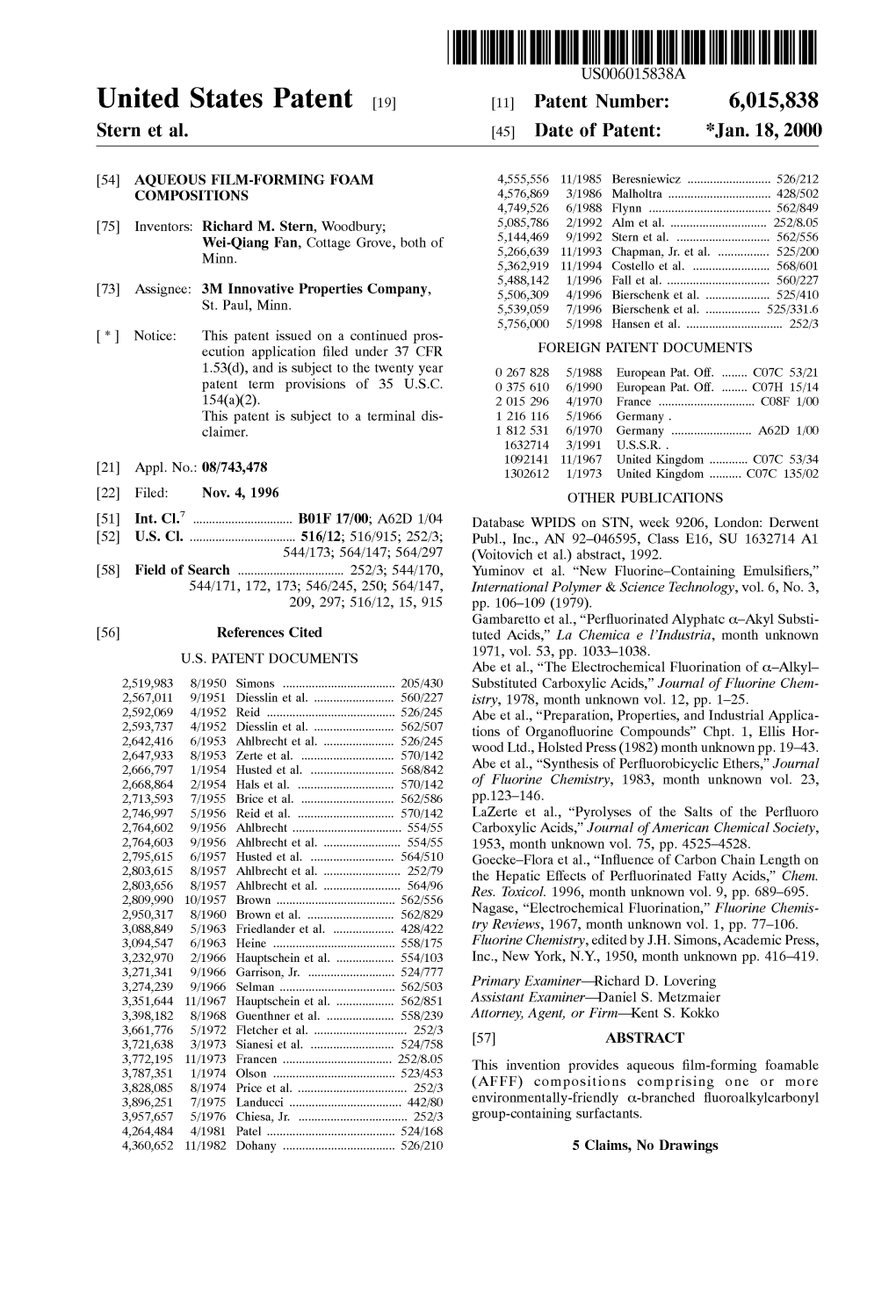 United States Patent (19) 11 Patent Number: 6,015,838 Stern Et Al