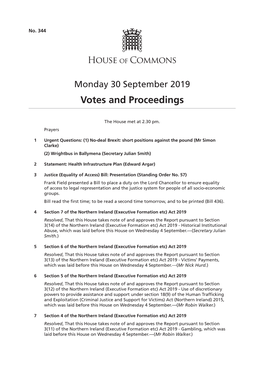 Votes and Proceedings for 30 Sep 2019
