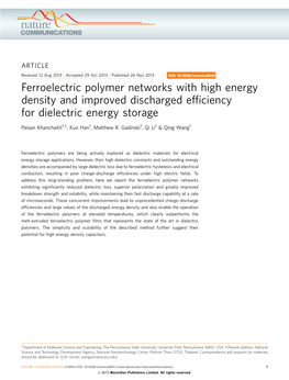 Ferroelectric Polymer Networks with High Energy Density and Improved Discharged Efﬁciency for Dielectric Energy Storage