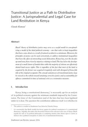 Transitional Justice As a Path to Distributive Justice: a Jurisprudential and Legal Case for Land Restitution in Kenya