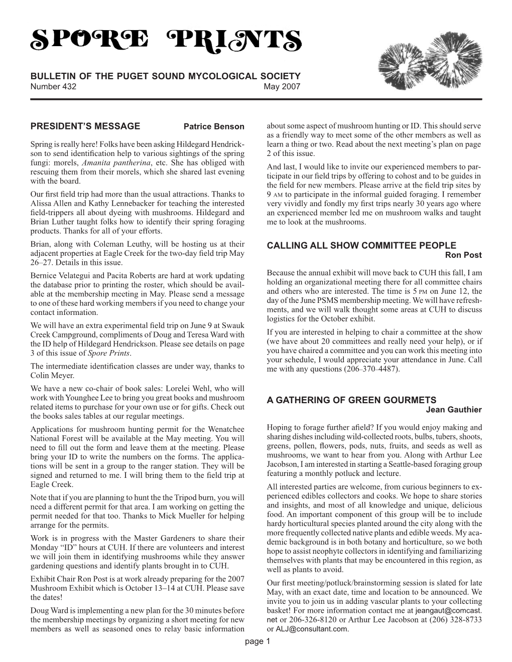 BULLETIN of the PUGET SOUND MYCOLOGICAL SOCIETY Number 432 May 2007