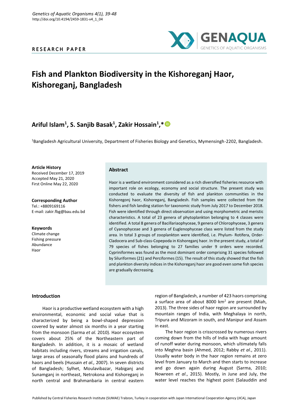 Fish and Plankton Biodiversity in the Kishoreganj Haor, Kishoreganj, Bangladesh