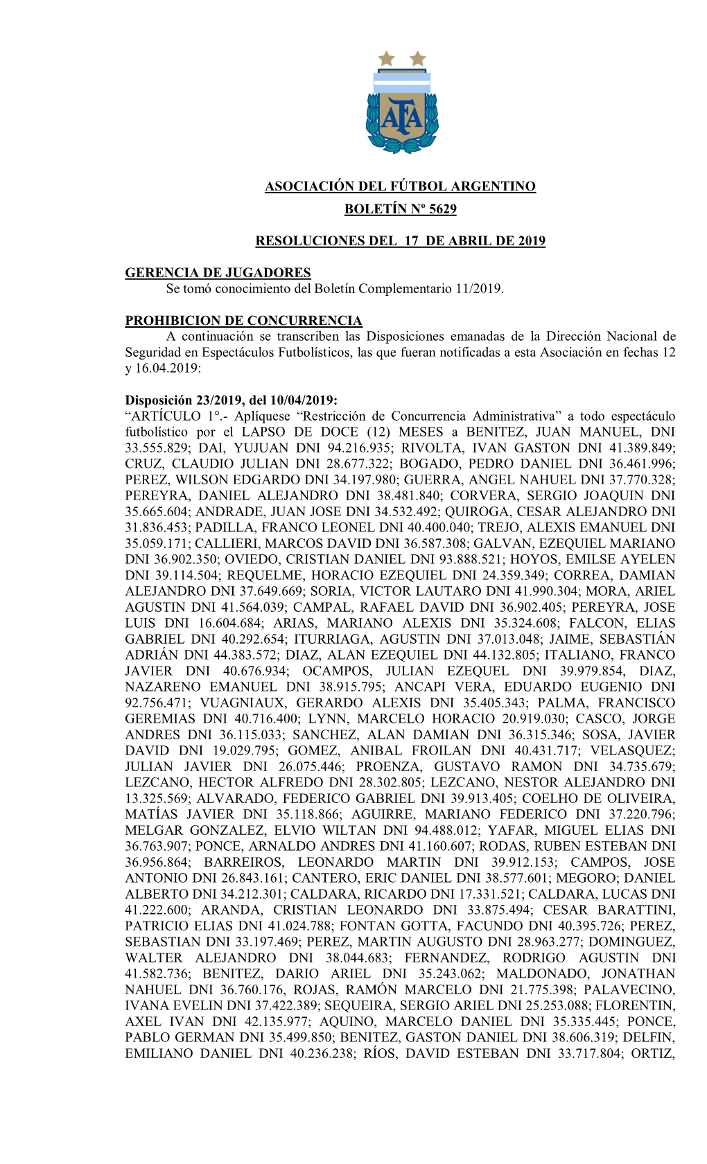 Asociación Del Fútbol Argentino Boletín Nº 5629