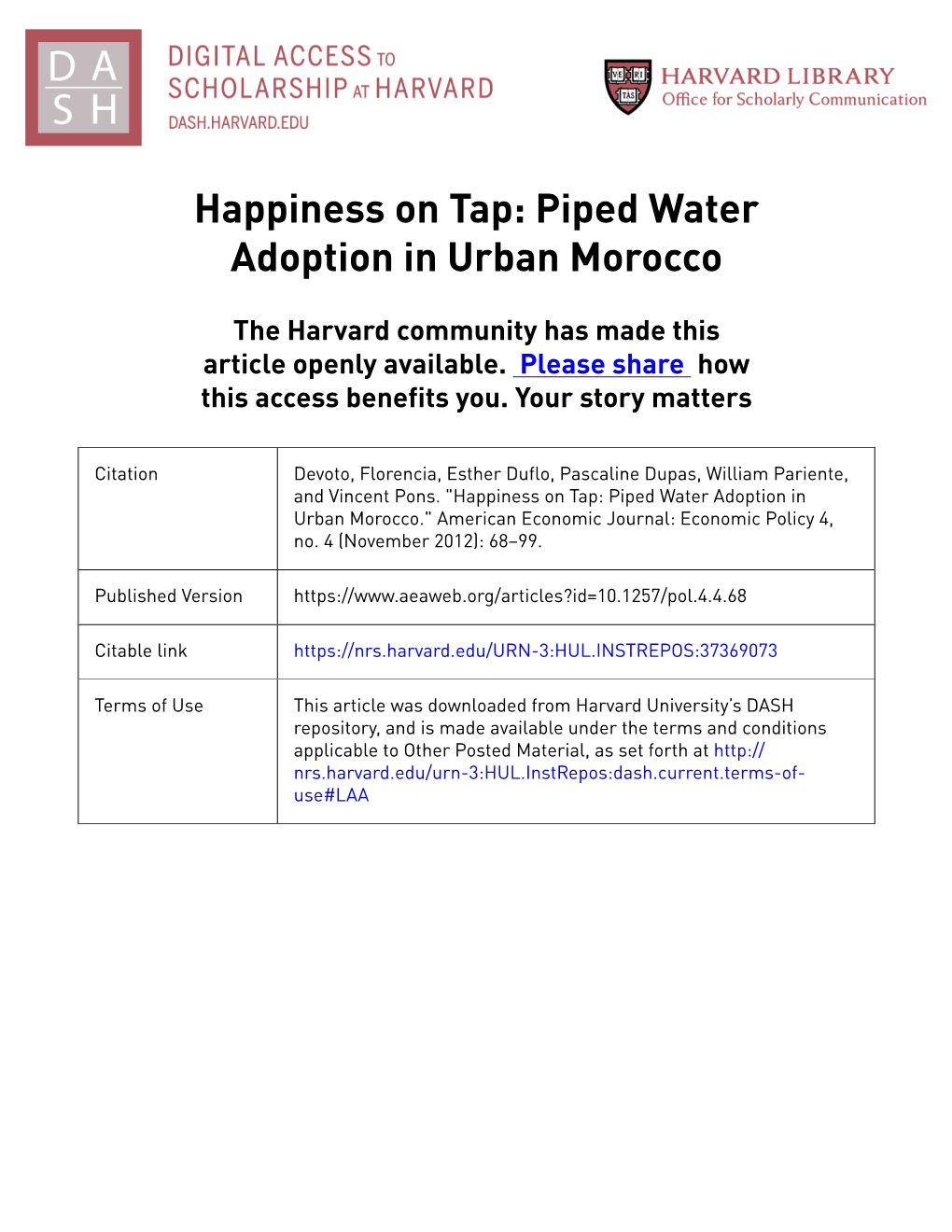 Happiness on Tap: Piped Water Adoption in Urban Morocco