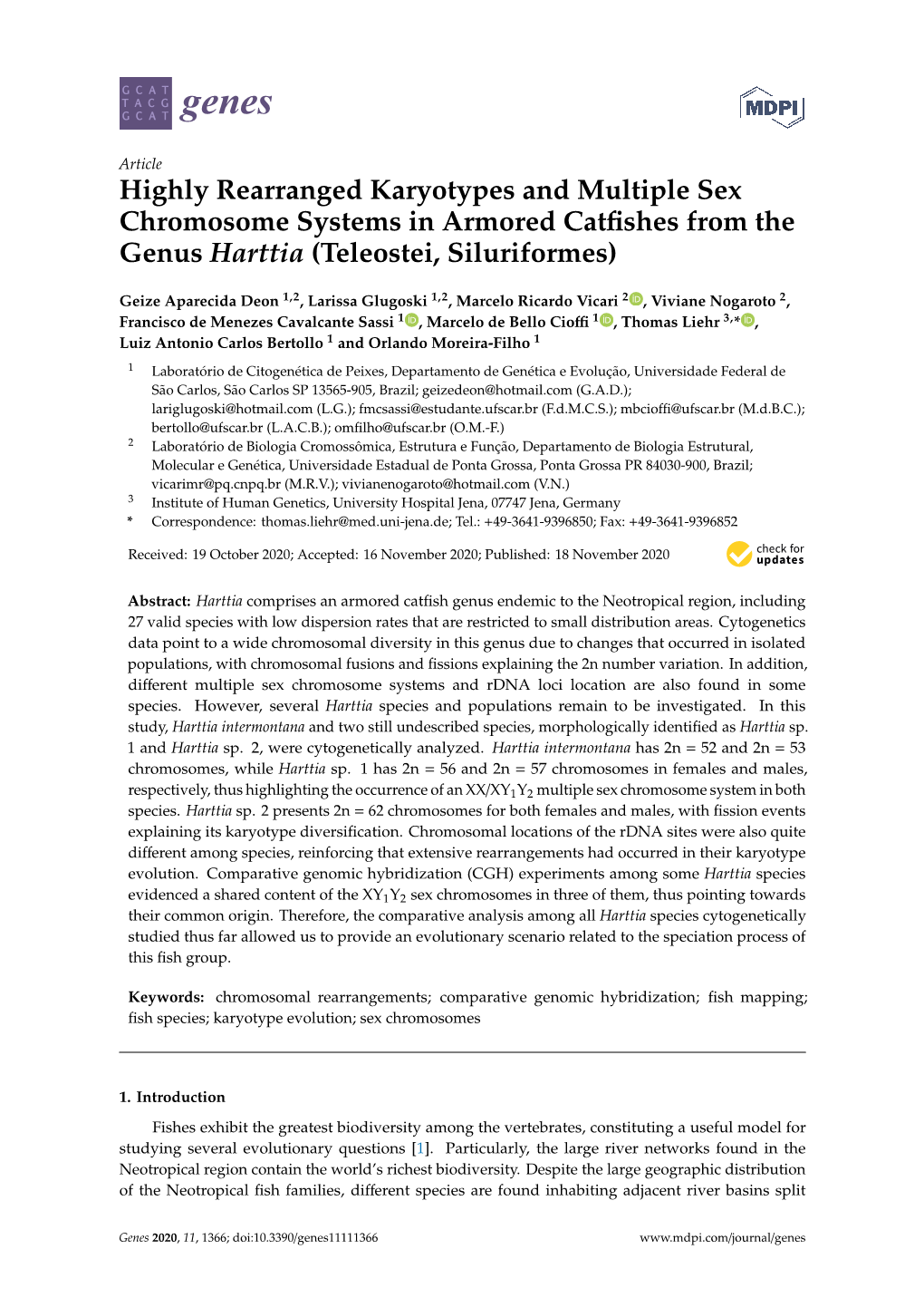 Highly Rearranged Karyotypes and Multiple Sex Chromosome Systems in Armored Catfishes from the Genus Harttia