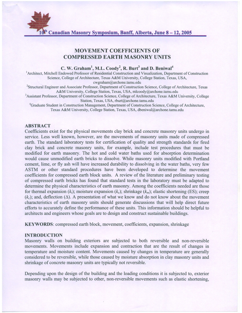 Movement Coefficients of Compressed Earth Masonry Units