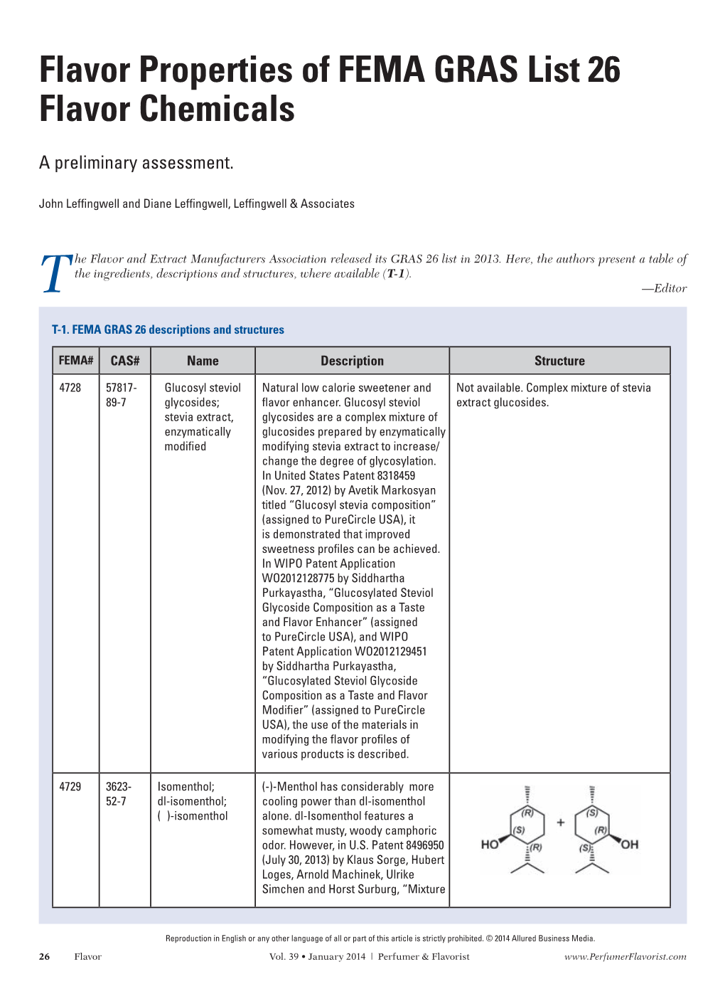 Flavor Properties of FEMA GRAS List 26 Flavor Chemicals