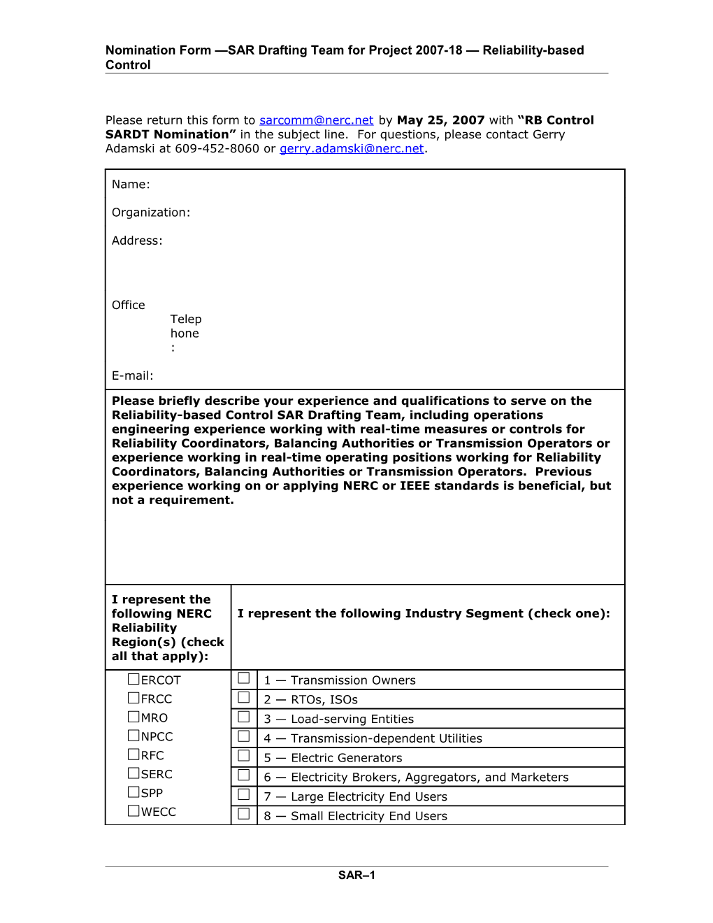 Subject Matter Expert Self-Nomination Form for Standard Drafting Team s1