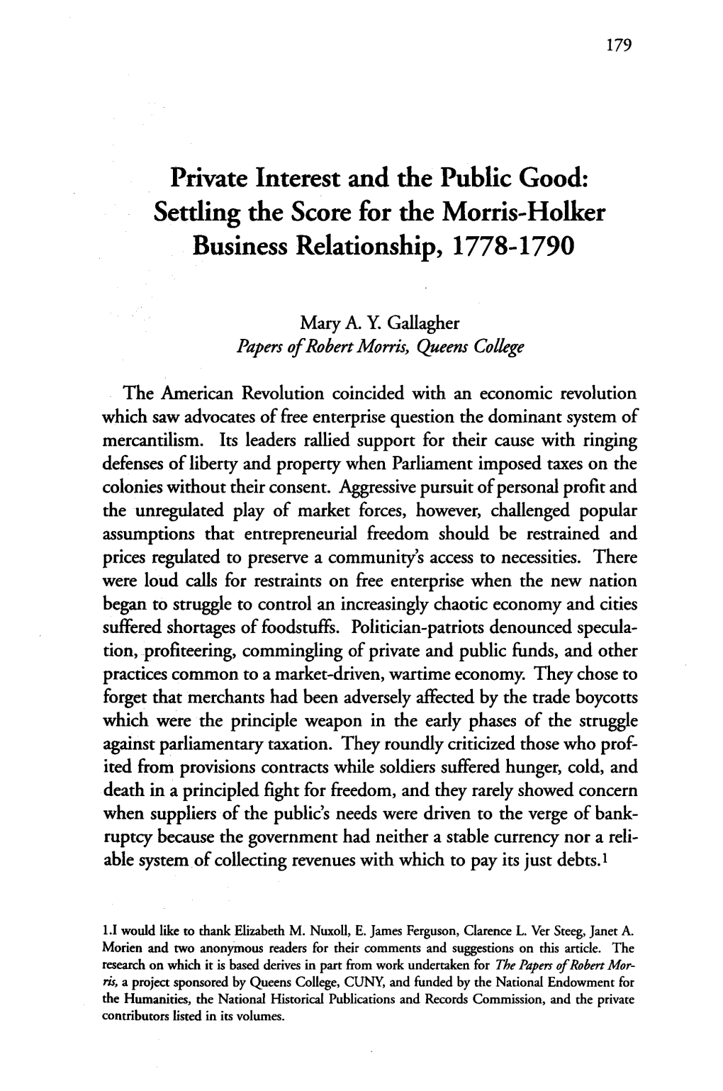 Settling the Score for the Morris-Holker Business Relationship, 1778-1790