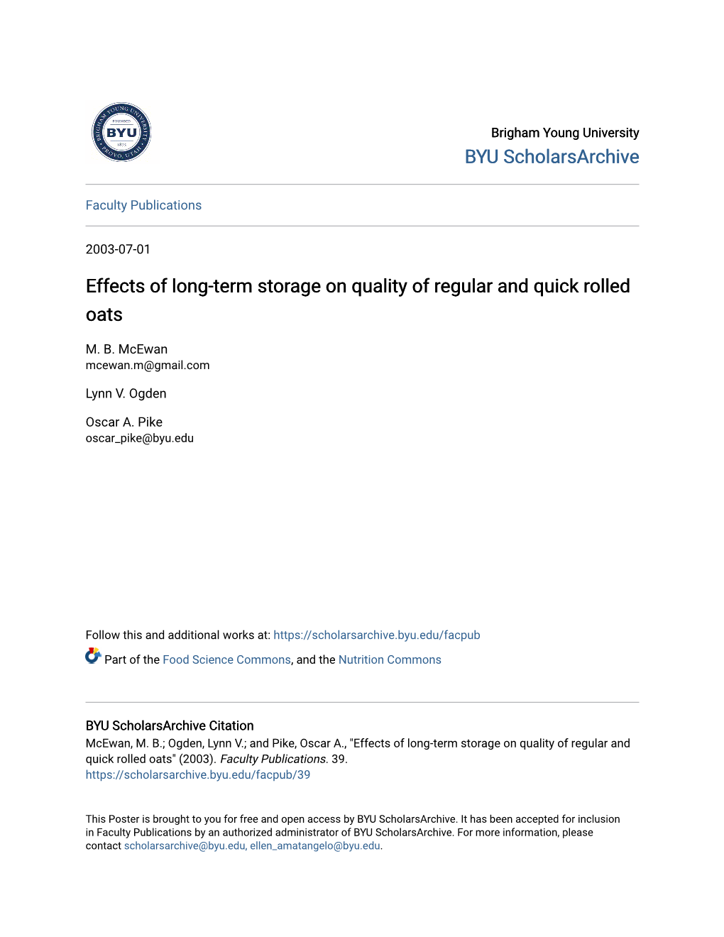Effects of Long-Term Storage on Quality of Regular and Quick Rolled Oats