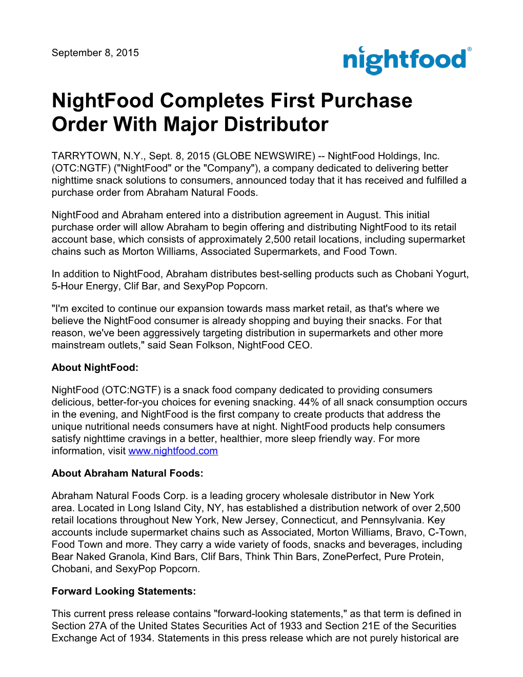 Nightfood Completes First Purchase Order with Major Distributor