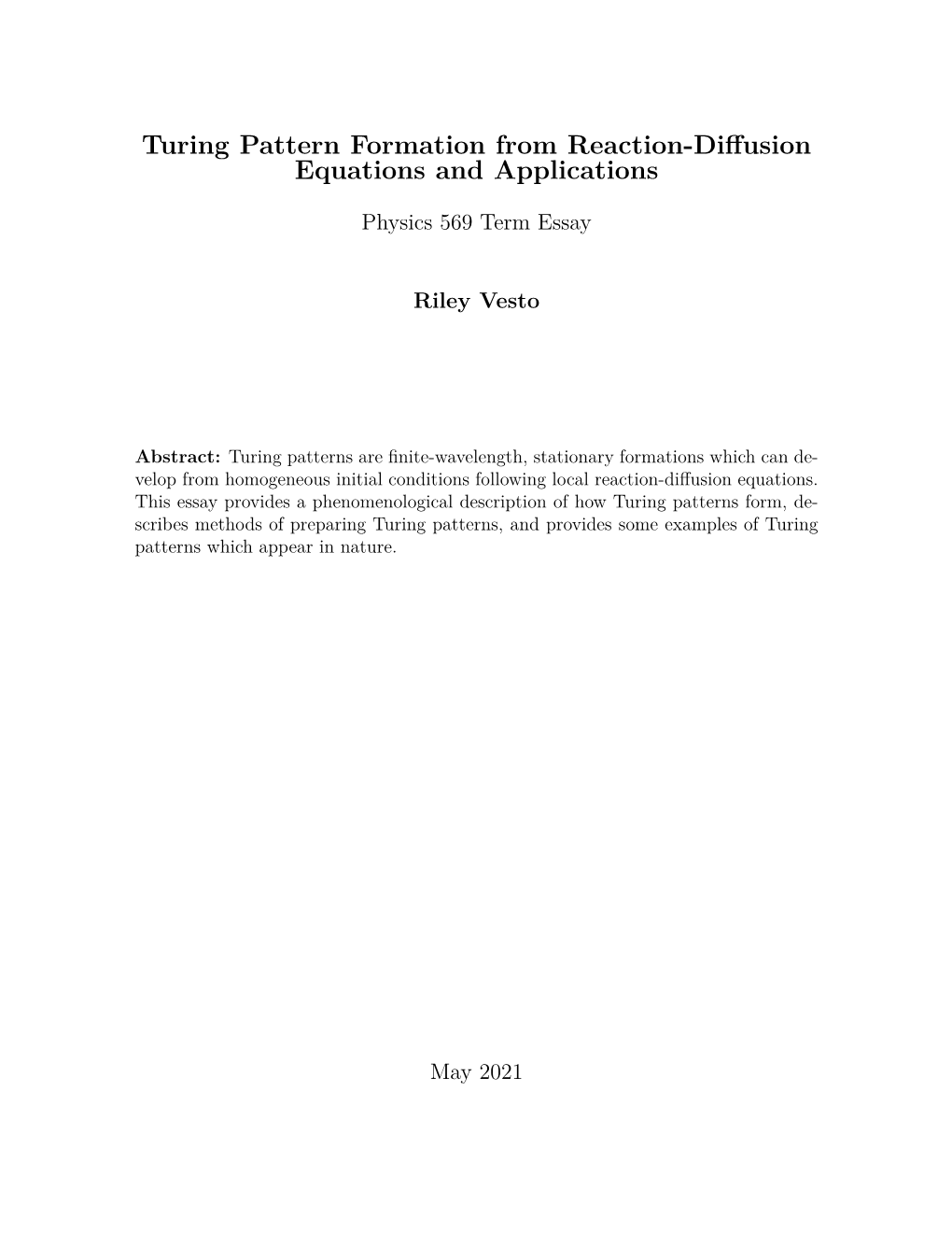 Turing Pattern Formation from Reaction-Diffusion Equations And
