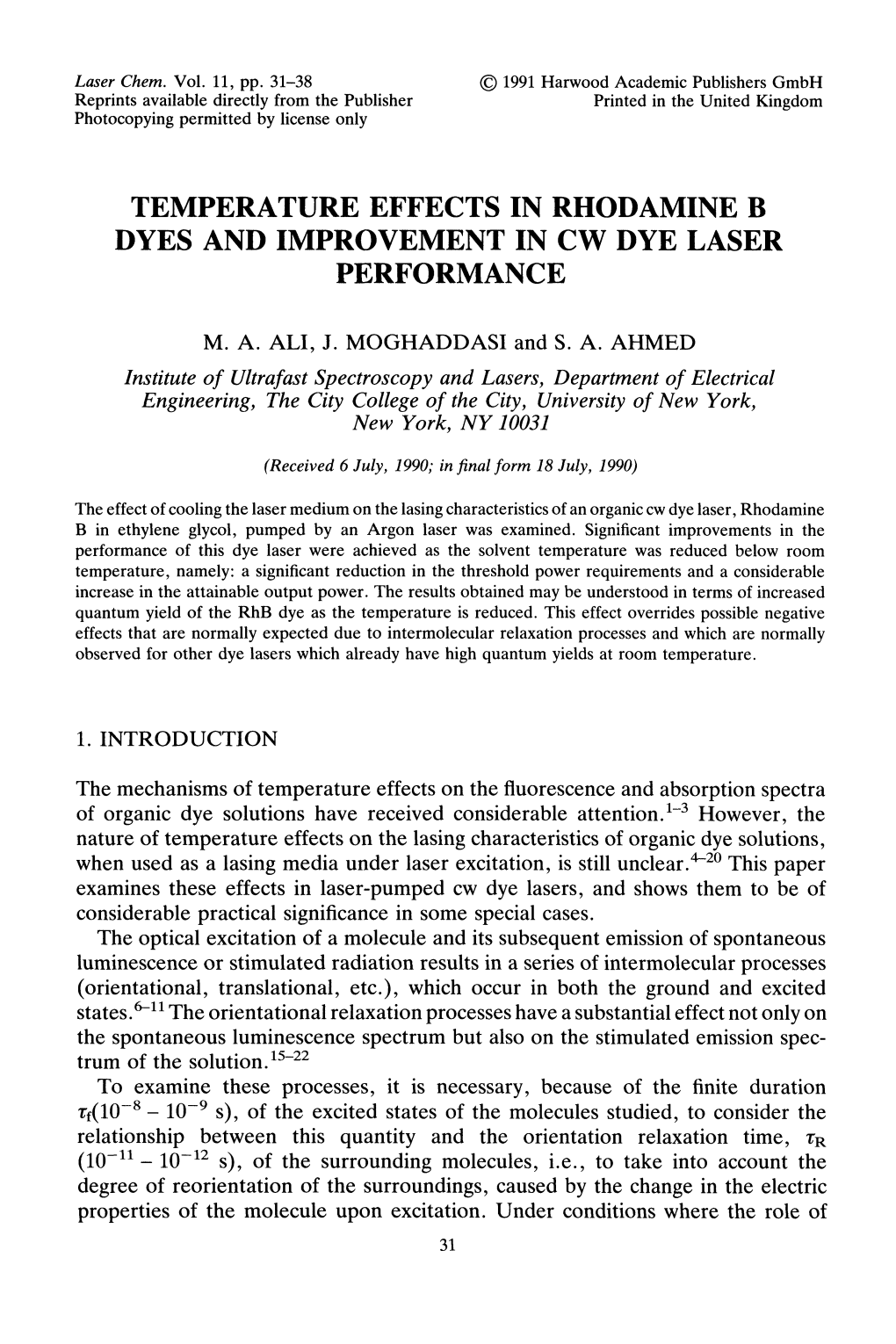 Temperature Effects in Rhodamine B Dyes and Improvement in Cw Dye Laser Performance