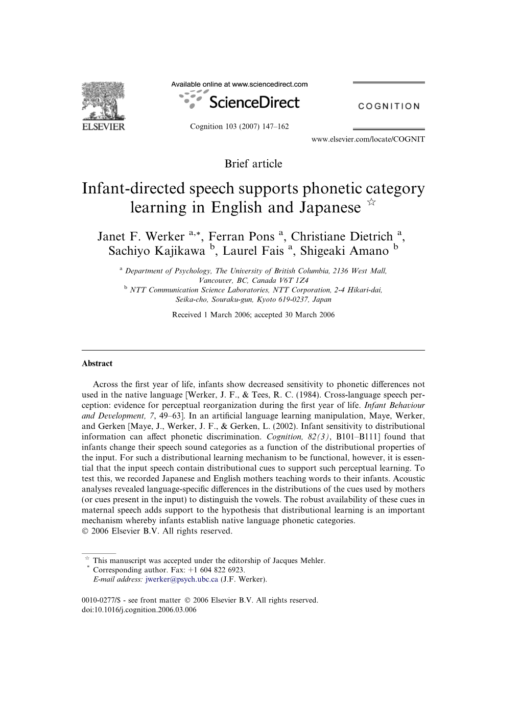 Infant-Directed Speech Supports Phonetic Category Learning in English and Japanese Q