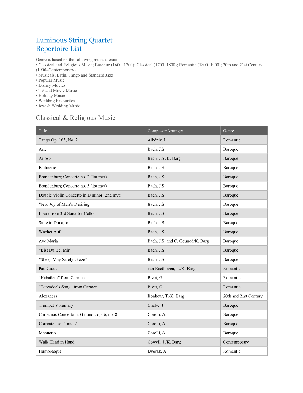 Luminous String Quartet Repertoire List Classical & Religious Music