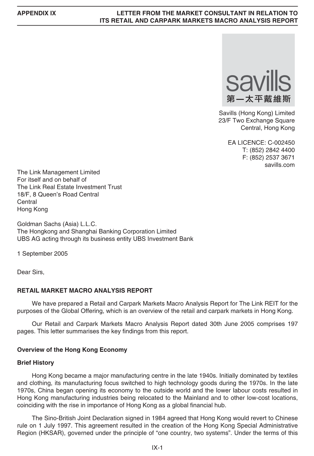 Appendix Ix Letter from the Market Consultant in Relation to Its Retail and Carpark Markets Macro Analysis Report