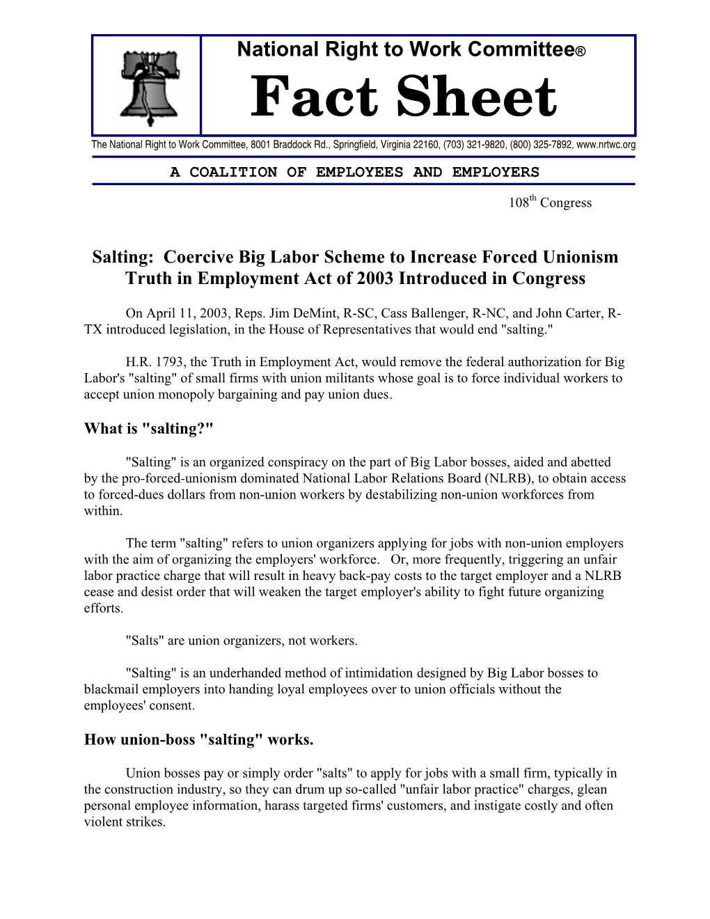 Salting & the Truth in Employment Fact Sheet