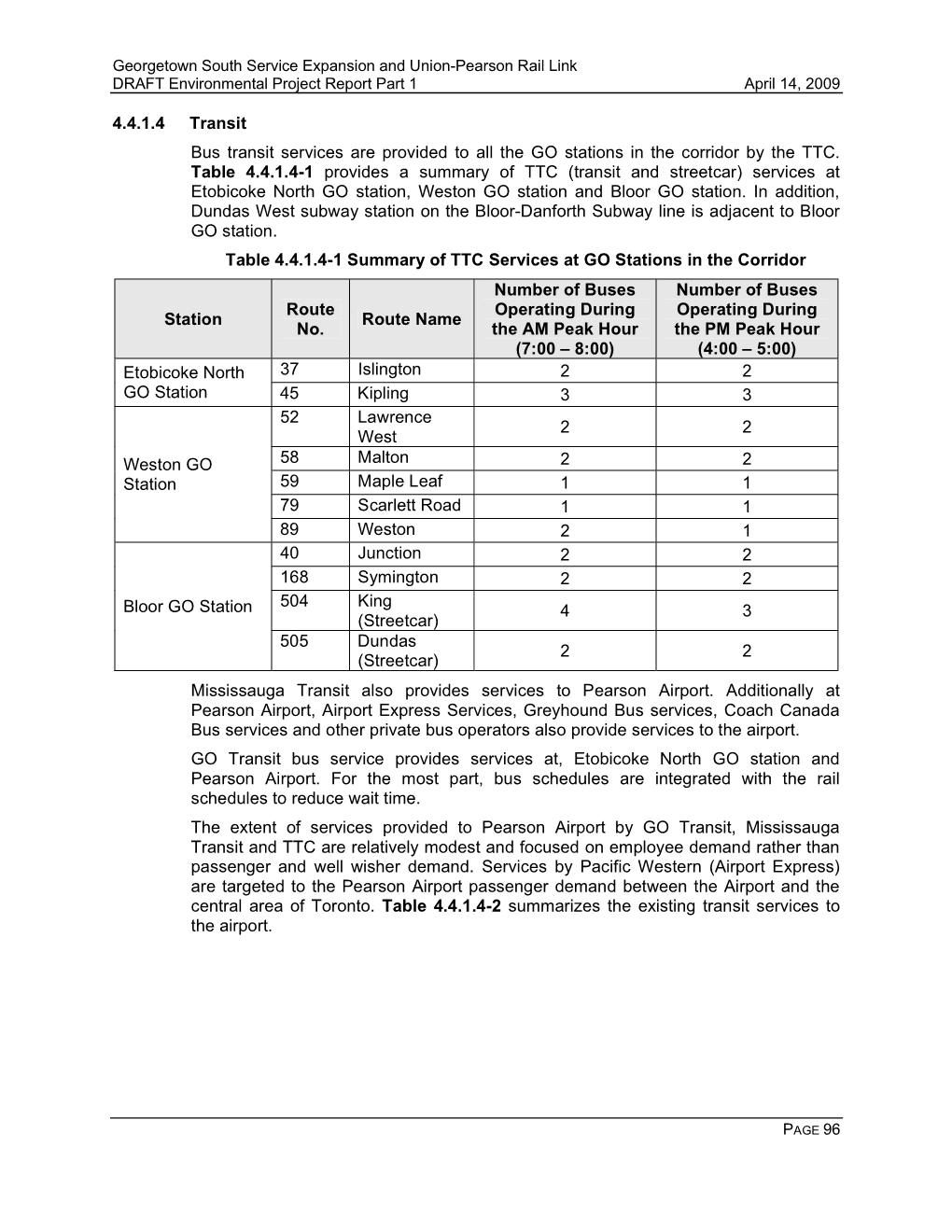 Georgetown South Service Expansion and Union-Pearson Rail Link DRAFT Environmental Project Report Part 1 April 14, 2009 PAGE 96