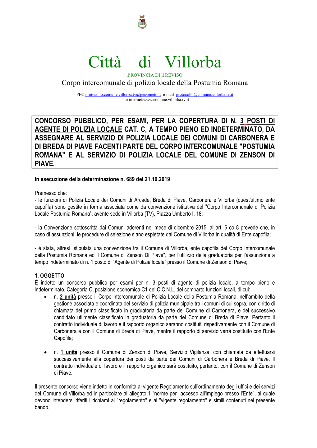 Bando Del Concorso Pubblico, Per Esami, Per La Copertura Di N. 3 Posti a Tempo