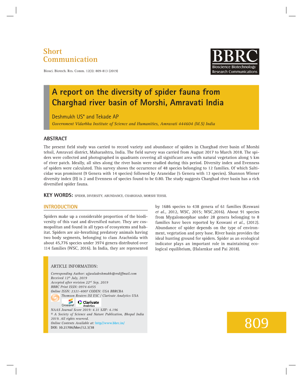 A Report on the Diversity of Spider Fauna from Charghad River Basin of Morshi, Amravati India