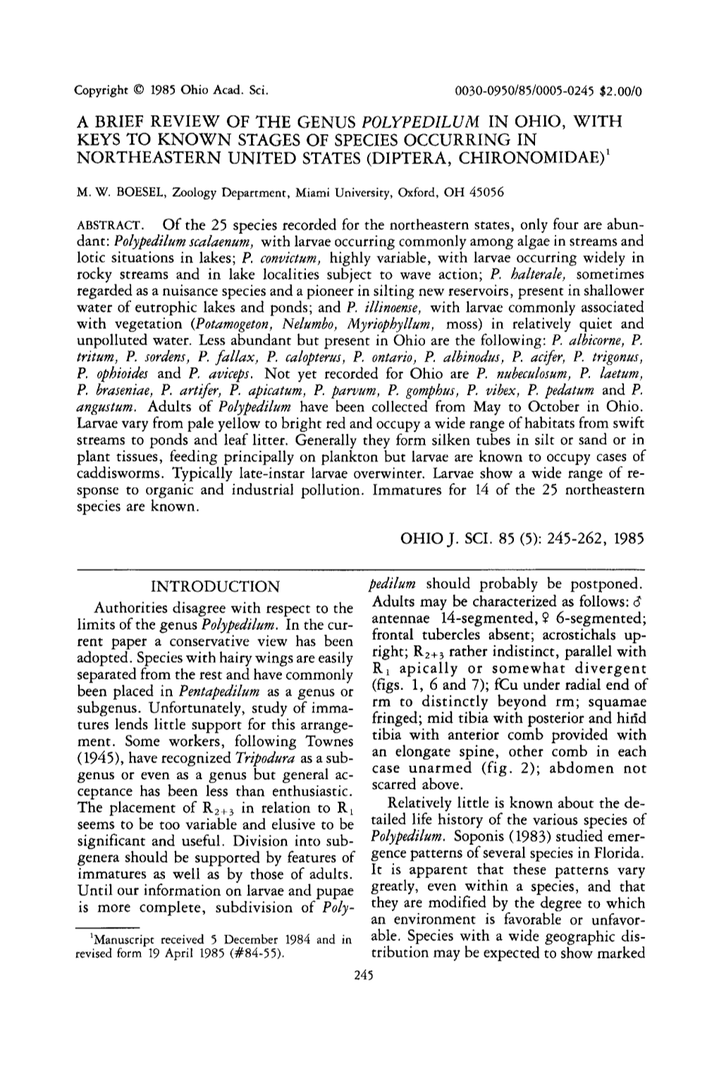 A Brief Review of the Genus Polypedilum in Ohio, with Keys to Known Stages of Species Occurring in Northeastern United States (Diptera, Chironomidae)1